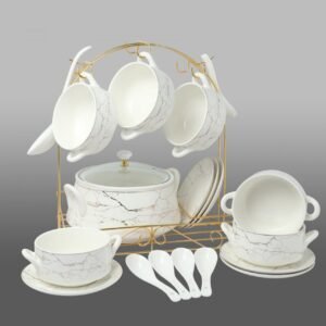 Fine Bone China Soup Set – 21 Pcs, 6-Person Serving with Golden Stand
